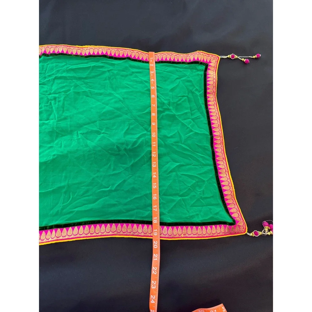 Green Dupatta Scarf Pink Gold Embroidered Border Tassels Traditional Ethnic Wear